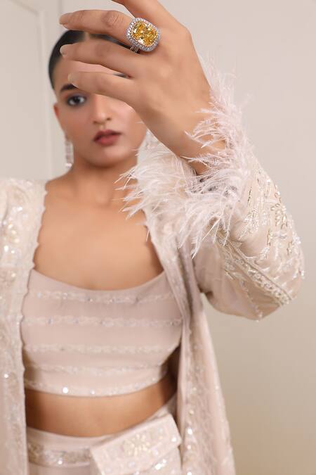 Miku Kumar_Ivory Net, Georgette Sequins, Beads, Cut Work, Aisha Paisley Jacket Palazzo Set _Online_at_Aza_Fashions