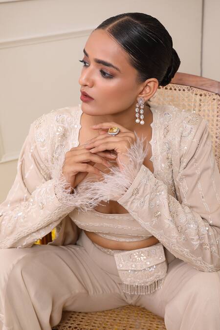 Shop_Miku Kumar_Ivory Net, Georgette Sequins, Beads, Cut Work, Aisha Paisley Jacket Palazzo Set 