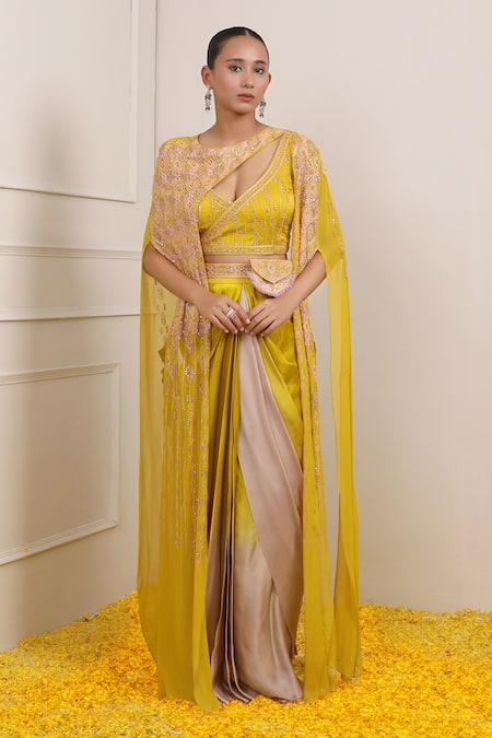 Buy Yellow Georgette Embroidery Syra Geometric Cape Dhoti Skirt