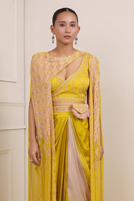 Miku Kumar_Yellow Satin, Organza, Georgette Cut Work, Geometric Embroidered Cape Dhoti Set _Online_at_Aza_Fashions