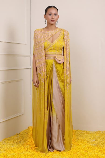 Buy_Miku Kumar_Yellow Satin, Organza, Georgette Cut Work, Geometric Embroidered Cape Dhoti Set _Online_at_Aza_Fashions