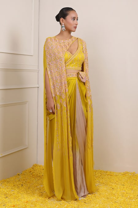 Shop_Miku Kumar_Yellow Satin, Organza, Georgette Cut Work, Geometric Embroidered Cape Dhoti Set _Online_at_Aza_Fashions