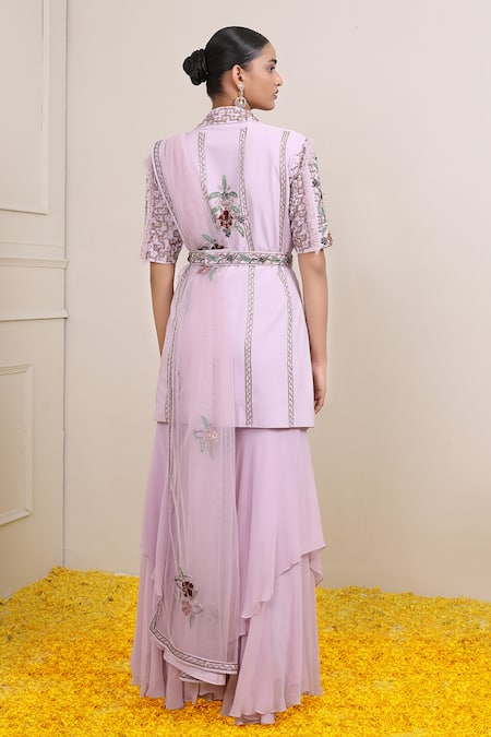 Shop_Miku Kumar_Purple Georgette, Net Cut Work, Safira Cutdana Embroidered Jacket Sharara Set _at_Aza_Fashions
