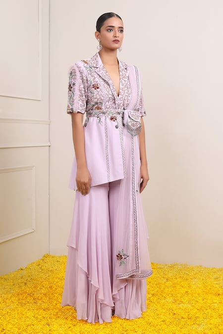 Shop_Miku Kumar_Purple Georgette, Net Cut Work, Safira Cutdana Embroidered Jacket Sharara Set _Online_at_Aza_Fashions