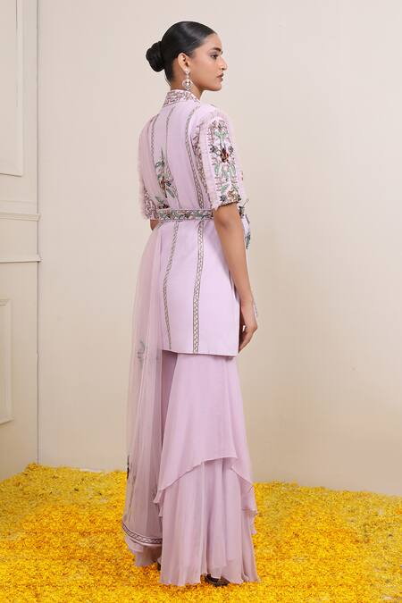 Miku Kumar_Purple Georgette, Net Cut Work, Safira Cutdana Embroidered Jacket Sharara Set _at_Aza_Fashions