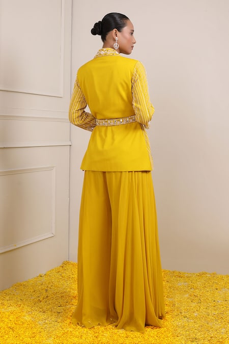 Shop_Miku Kumar_Yellow Georgette Sequins, Beads, Cut Work, Stripe Embroidered Jacket Palazzo Set _at_Aza_Fashions