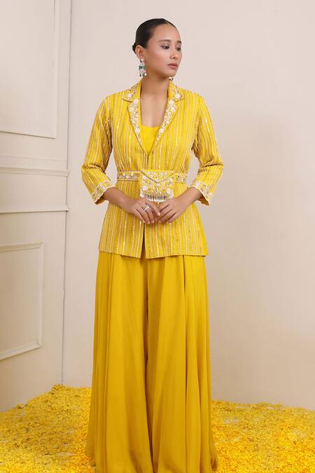 Miku Kumar Yellow Georgette Sequins, Beads, Cut Work, Stripe Embroidered Jacket Palazzo Set Online at Aza Fashions Miku Kumar_Yellow Georgette Sequins, Beads, Cut Work, Stripe Embroidered Jacket Palazzo Set _Online_at_Aza_Fashions