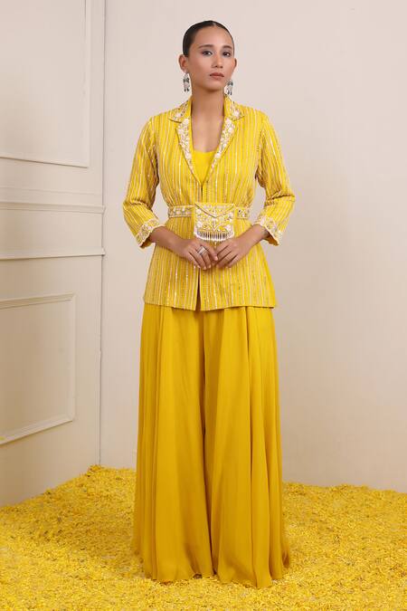 Buy_Miku Kumar_Yellow Georgette Sequins, Beads, Cut Work, Stripe Embroidered Jacket Palazzo Set _Online_at_Aza_Fashions