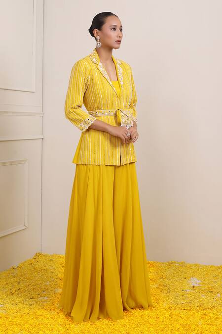Shop_Miku Kumar_Yellow Georgette Sequins, Beads, Cut Work, Stripe Embroidered Jacket Palazzo Set _Online_at_Aza_Fashions