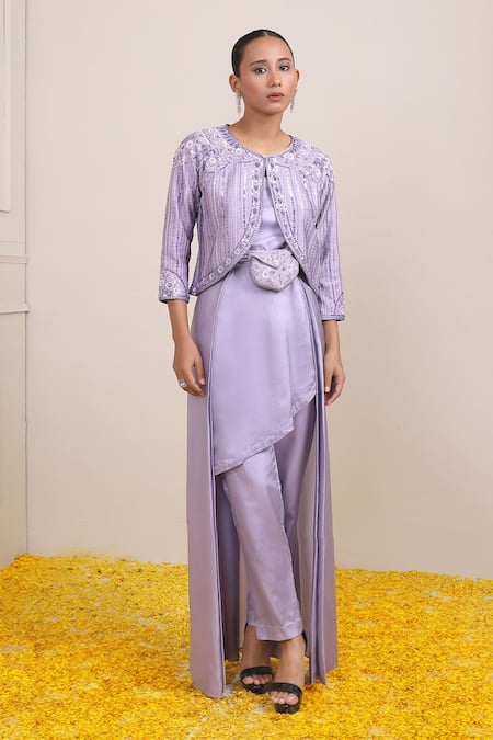 Miku Kumar Purple Silk Embroidery Sequin Rafia Stripe Pattern Jacket Pant Set 