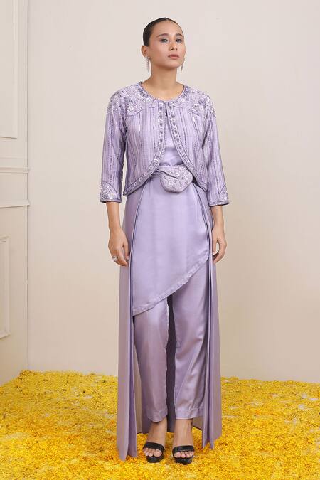 Miku Kumar_Purple Silk, Modal, Satin Cut Work, Beads, Rafia Stripe Pattern Jacket Pant Set _Online_at_Aza_Fashions
