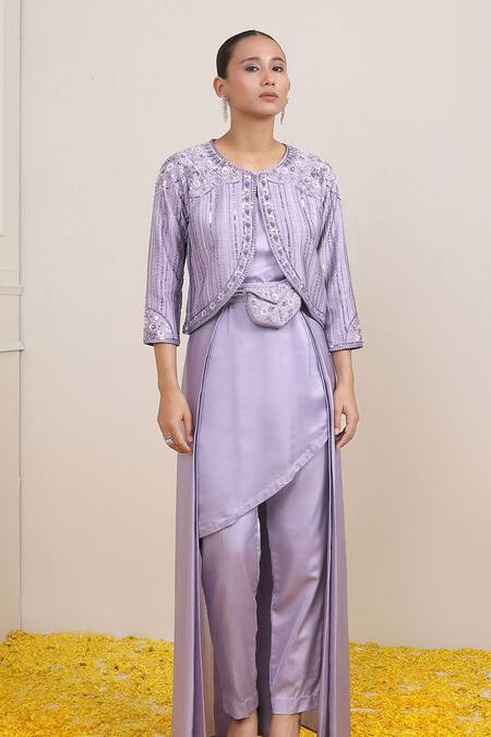 Buy Miku Kumar Purple Silk, Modal, Satin Cut Work, Beads, Rafia Stripe Pattern Jacket Pant Set Online at Aza Fashions Buy_Miku Kumar_Purple Silk, Modal, Satin Cut Work, Beads, Rafia Stripe Pattern Jacket Pant Set _Online_at_Aza_Fashions