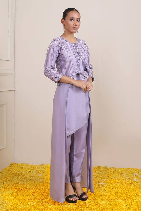 Shop_Miku Kumar_Purple Silk, Modal, Satin Cut Work, Beads, Rafia Stripe Pattern Jacket Pant Set _Online_at_Aza_Fashions