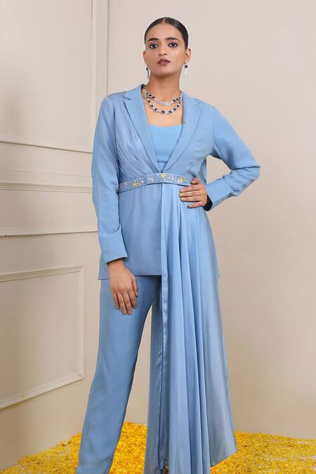 Miku Kumar_Blue Georgette, Modal Cut Work Amira Placement Embroidered Jacket Palazzo Set _Online_at_Aza_Fashions