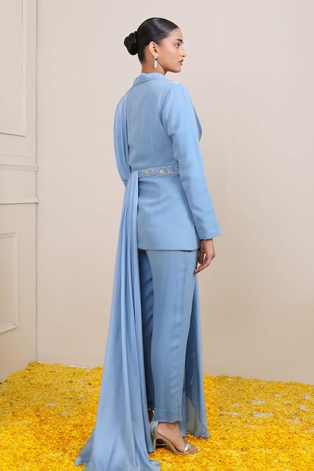 Buy_Miku Kumar_Blue Georgette, Modal Cut Work Amira Placement Embroidered Jacket Palazzo Set _Online_at_Aza_Fashions