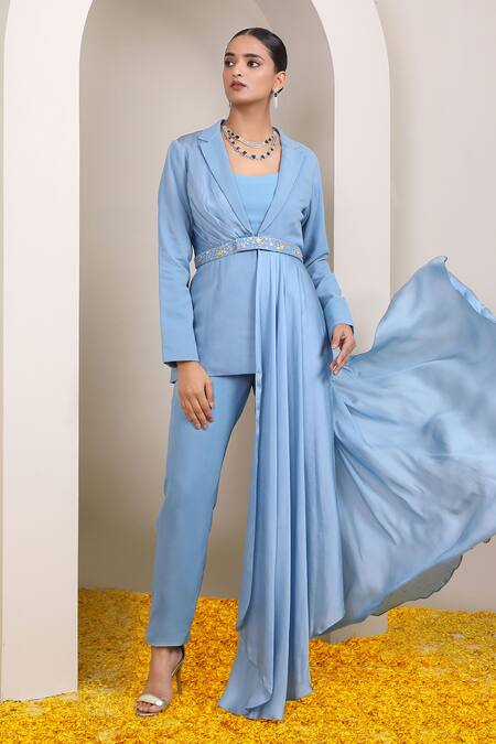 Shop_Miku Kumar_Blue Georgette, Modal Cut Work Amira Placement Embroidered Jacket Palazzo Set _Online_at_Aza_Fashions