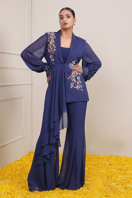 Miku Kumar Blue Georgette Embroidery Sequin Rabia Placement Jacket Palazzo Set 