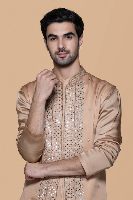 Shop Sanjev Marwaaha Brown Cotton, Silk Mirrors, Crystals Mirrorwork Embellished Bundi Kurta Set at Aza Fashions Shop_Sanjev Marwaaha_Brown Cotton, Silk Mirrors, Crystals Mirrorwork Embellished Bundi Kurta Set_at_Aza_Fashions
