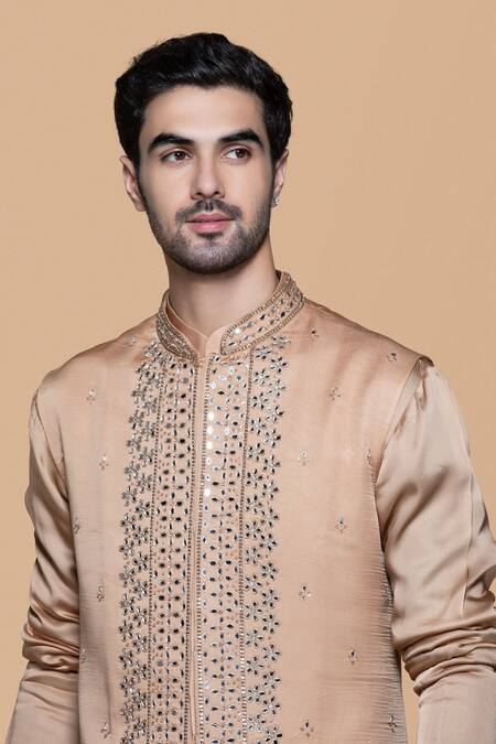 Sanjev Marwaaha Brown Cotton, Silk Mirrors, Crystals Mirrorwork Embellished Bundi Kurta Set Online at Aza Fashions Sanjev Marwaaha_Brown Cotton, Silk Mirrors, Crystals Mirrorwork Embellished Bundi Kurta Set_Online_at_Aza_Fashions