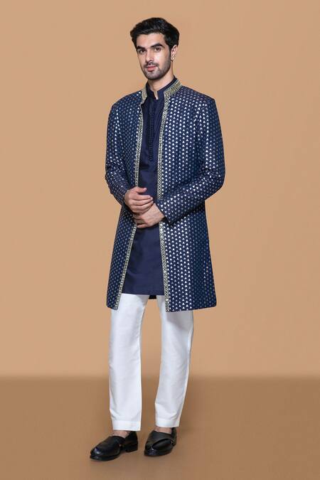Buy_Sanjev Marwaaha_Blue Cotton, Silk, Chanderi, Brocade Mirrors, 3d Embellished Jacket Kurta Set_Online_at_Aza_Fashions
