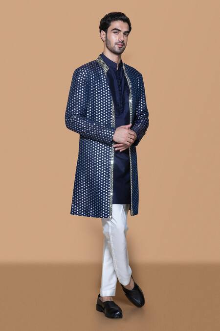 Shop_Sanjev Marwaaha_Blue Cotton, Silk, Chanderi, Brocade Mirrors, 3d Embellished Jacket Kurta Set_Online_at_Aza_Fashions