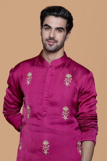 Sanjev Marwaaha Magenta Cotton, Silk, Modal Zari, Sequins Zardozi Embroidered Kurta With Pant Online at Aza Fashions Sanjev Marwaaha_Magenta Cotton, Silk, Modal Zari, Sequins Zardozi Embroidered Kurta With Pant_Online_at_Aza_Fashions