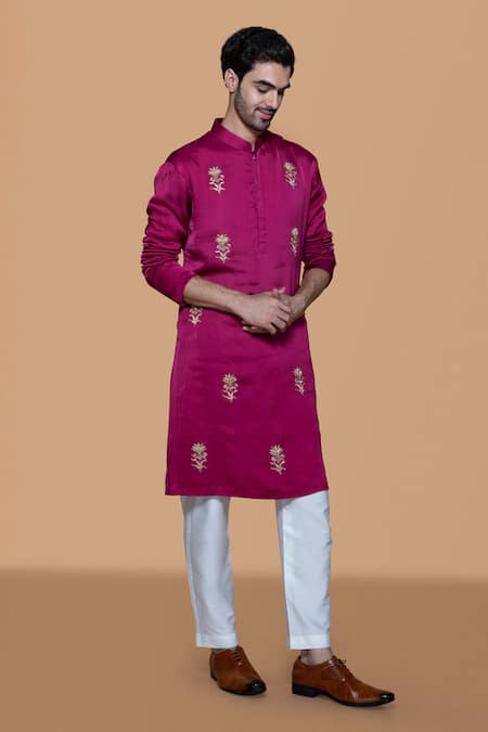 Buy Sanjev Marwaaha Magenta Cotton, Silk, Modal Zari, Sequins Zardozi Embroidered Kurta With Pant Online at Aza Fashions Buy_Sanjev Marwaaha_Magenta Cotton, Silk, Modal Zari, Sequins Zardozi Embroidered Kurta With Pant_Online_at_Aza_Fashions