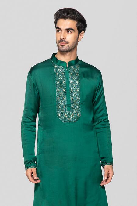 Shop Sanjev Marwaaha Green Cotton, Silk, Modal Crystals, Sequins Embroidered Placket Kurta With Pant at Aza Fashions Shop_Sanjev Marwaaha_Green Cotton, Silk, Modal Crystals, Sequins Embroidered Placket Kurta With Pant_at_Aza_Fashions