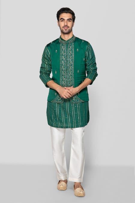 Sanjev Marwaaha Green Modal Embellished Mirrorwork Crystal Embroidered Bundi Kurta Set 