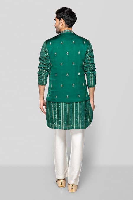 Sanjev Marwaaha Crystal Embellished Green Bundi Kurta Set 