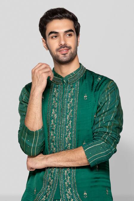 Sanjev Marwaaha_Green Cotton, Silk, Chanderi Crystals, Mirrors, Embellished Bundi Kurta Set_Online_at_Aza_Fashions