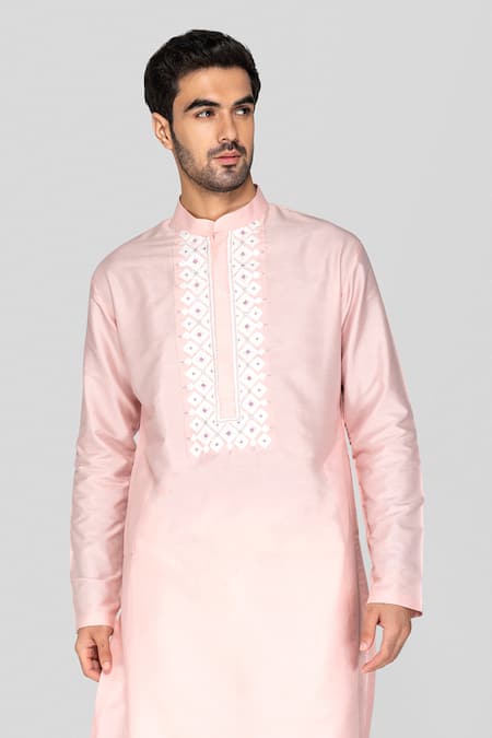 Sanjev Marwaaha_Peach Cotton, Silk Embroidery 3d Applique Embellished Kurta With Pant_Online_at_Aza_Fashions