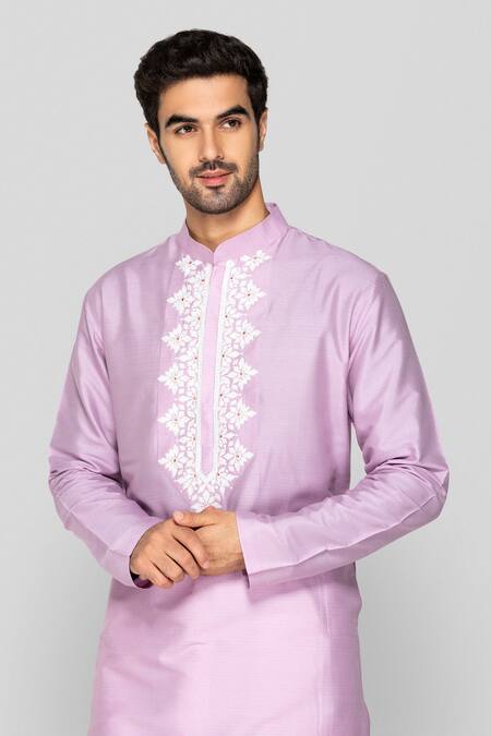 Sanjev Marwaaha Purple Cotton, Silk Embroidery Floral Applique Embellished Kurta With Pant Online at Aza Fashions Sanjev Marwaaha_Purple Cotton, Silk Embroidery Floral Applique Embellished Kurta With Pant_Online_at_Aza_Fashions
