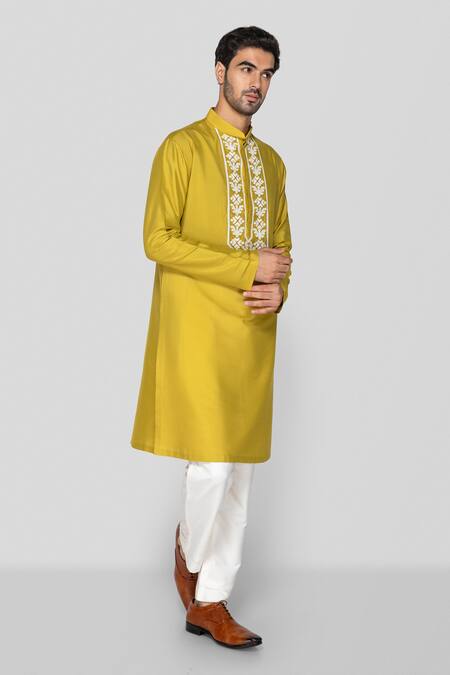 Buy Sanjev Marwaaha Green Cotton, Silk Embroidery Floral 3d Pattern Kurta With Pant Online at Aza Fashions Buy_Sanjev Marwaaha_Green Cotton, Silk Embroidery Floral 3d Pattern Kurta With Pant_Online_at_Aza_Fashions