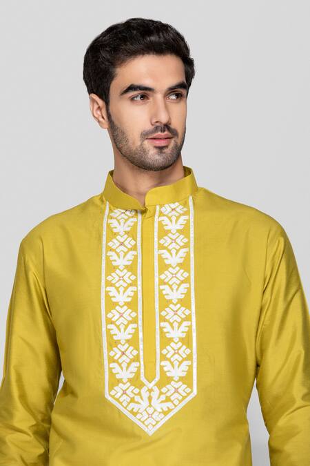 Shop Sanjev Marwaaha Green Cotton, Silk Embroidery Floral 3d Pattern Kurta With Pant Online at Aza Fashions Shop_Sanjev Marwaaha_Green Cotton, Silk Embroidery Floral 3d Pattern Kurta With Pant_Online_at_Aza_Fashions