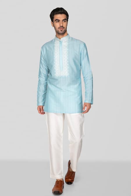 Sanjev Marwaaha Sky Blue Cotton Silk Embellished Crystal Handblock Print Short Kurta With Pant 