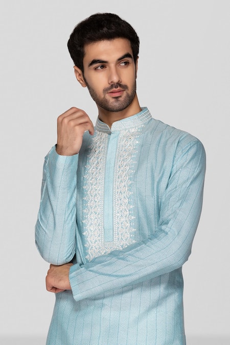 Sanjev Marwaaha_Sky Blue Cotton, Silk Sequins, Embroidery Handblock Print Short Kurta With Pant _Online_at_Aza_Fashions