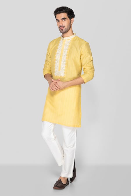 Sanjev Marwaaha Yellow Cotton Silk Embellished Crystal Handblock Print Kurta With Pant 