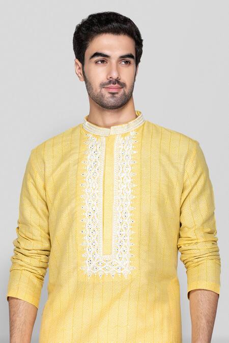 Sanjev Marwaaha Yellow Cotton, Silk Sequins, Embroidery Handblock Print Kurta With Pant Online at Aza Fashions Sanjev Marwaaha_Yellow Cotton, Silk Sequins, Embroidery Handblock Print Kurta With Pant_Online_at_Aza_Fashions