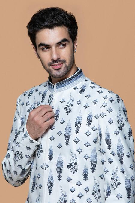 Sanjev Marwaaha_Ivory Cotton, Silk Sequins Gradient Crystal Embellished Sherwani Pant Set_Online_at_Aza_Fashions