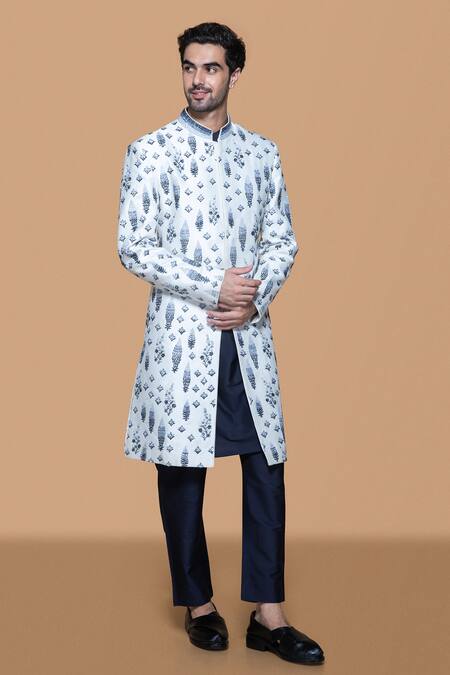 Shop_Sanjev Marwaaha_Ivory Cotton, Silk Sequins Gradient Crystal Embellished Sherwani Pant Set_Online_at_Aza_Fashions