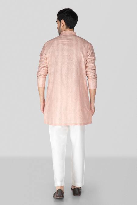 Shop Sanjev Marwaaha Peach Cotton, Silk Sequins, Crystals Geometric Handblock Print Kurta With Pant at Aza Fashions Shop_Sanjev Marwaaha_Peach Cotton, Silk Sequins, Crystals Geometric Handblock Print Kurta With Pant_at_Aza_Fashions