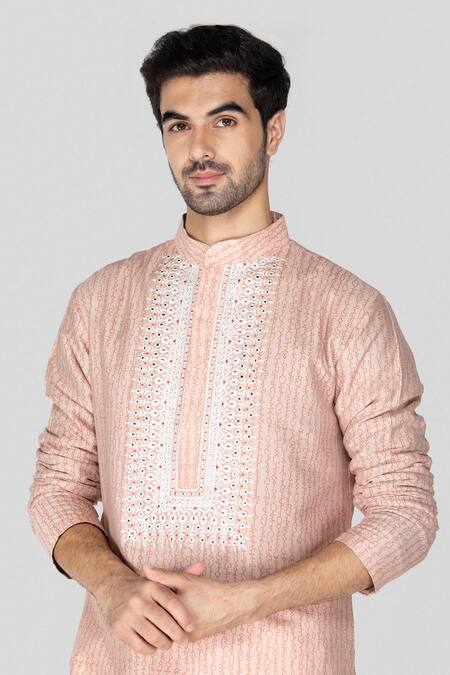 Sanjev Marwaaha Peach Cotton, Silk Sequins, Crystals Geometric Handblock Print Kurta With Pant Online at Aza Fashions Sanjev Marwaaha_Peach Cotton, Silk Sequins, Crystals Geometric Handblock Print Kurta With Pant_Online_at_Aza_Fashions