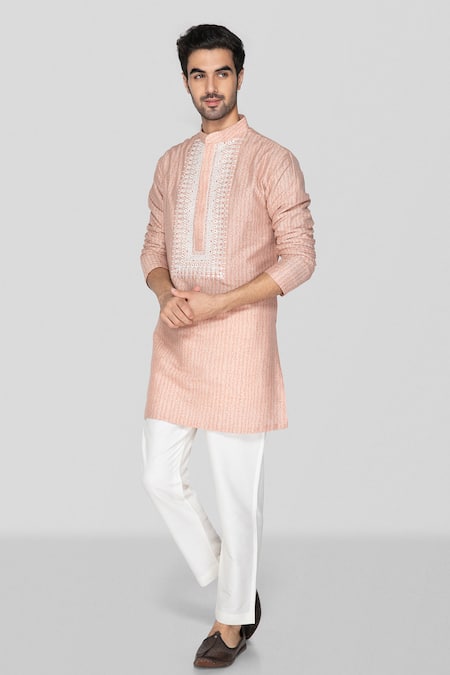 Shop Sanjev Marwaaha Peach Cotton, Silk Sequins, Crystals Geometric Handblock Print Kurta With Pant Online at Aza Fashions Shop_Sanjev Marwaaha_Peach Cotton, Silk Sequins, Crystals Geometric Handblock Print Kurta With Pant_Online_at_Aza_Fashions