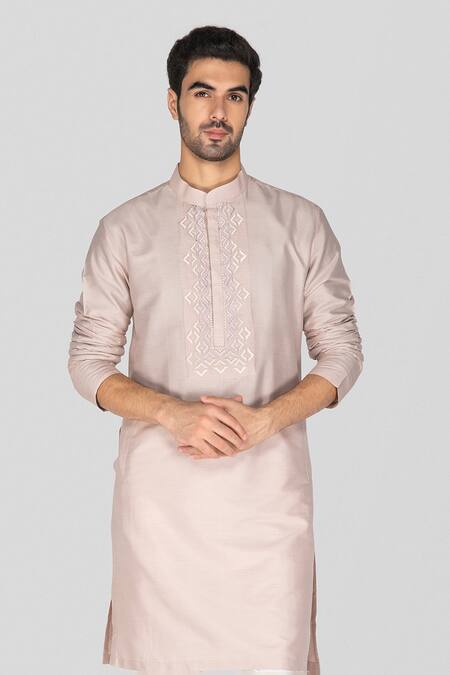 Buy_Sanjev Marwaaha_Pink Cotton, Silk Embroidery Geometric Placket Kurta With Pant _Online_at_Aza_Fashions