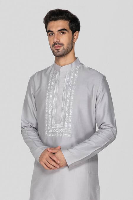 Shop Sanjev Marwaaha Grey Cotton, Silk Embroidery Placket Kurta With Pant at Aza Fashions Shop_Sanjev Marwaaha_Grey Cotton, Silk Embroidery Placket Kurta With Pant_at_Aza_Fashions