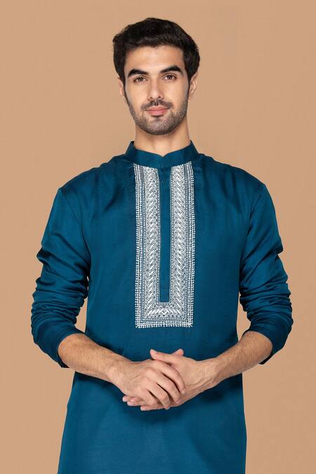 Sanjev Marwaaha_Blue Cotton, Silk Embroidery Floral Placket Kurta With Pant_Online_at_Aza_Fashions