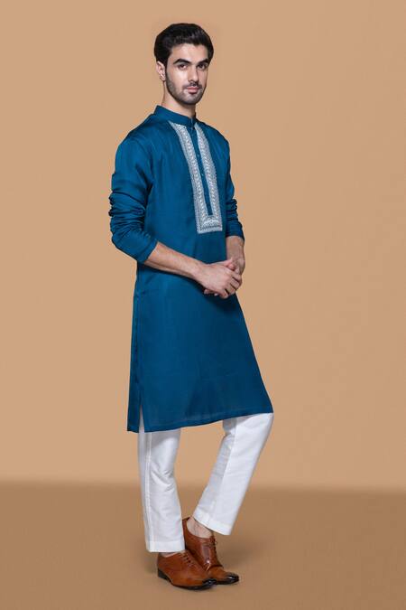 Shop_Sanjev Marwaaha_Blue Cotton, Silk Embroidery Floral Placket Kurta With Pant_Online_at_Aza_Fashions