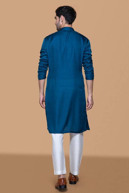 Sanjev Marwaaha_Blue Cotton, Silk Embroidery Floral Placket Kurta With Pant_at_Aza_Fashions