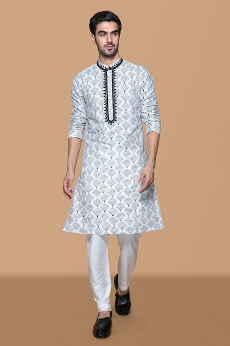 Sanjev Marwaaha Ivory Jennifer Silk Embellished Crystal Handblock Print Kurta With Pant 